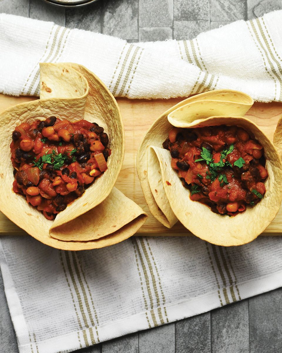 Vegan Smoky Bean Chilli in Tortilla Cups