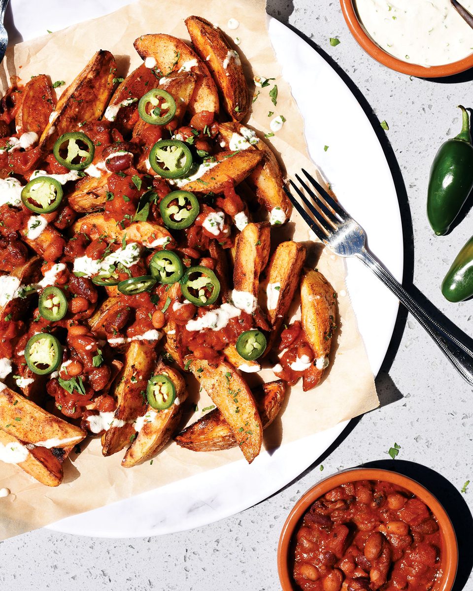 Vegan Loaded Potato Wedges with Mixed Bean Chilli