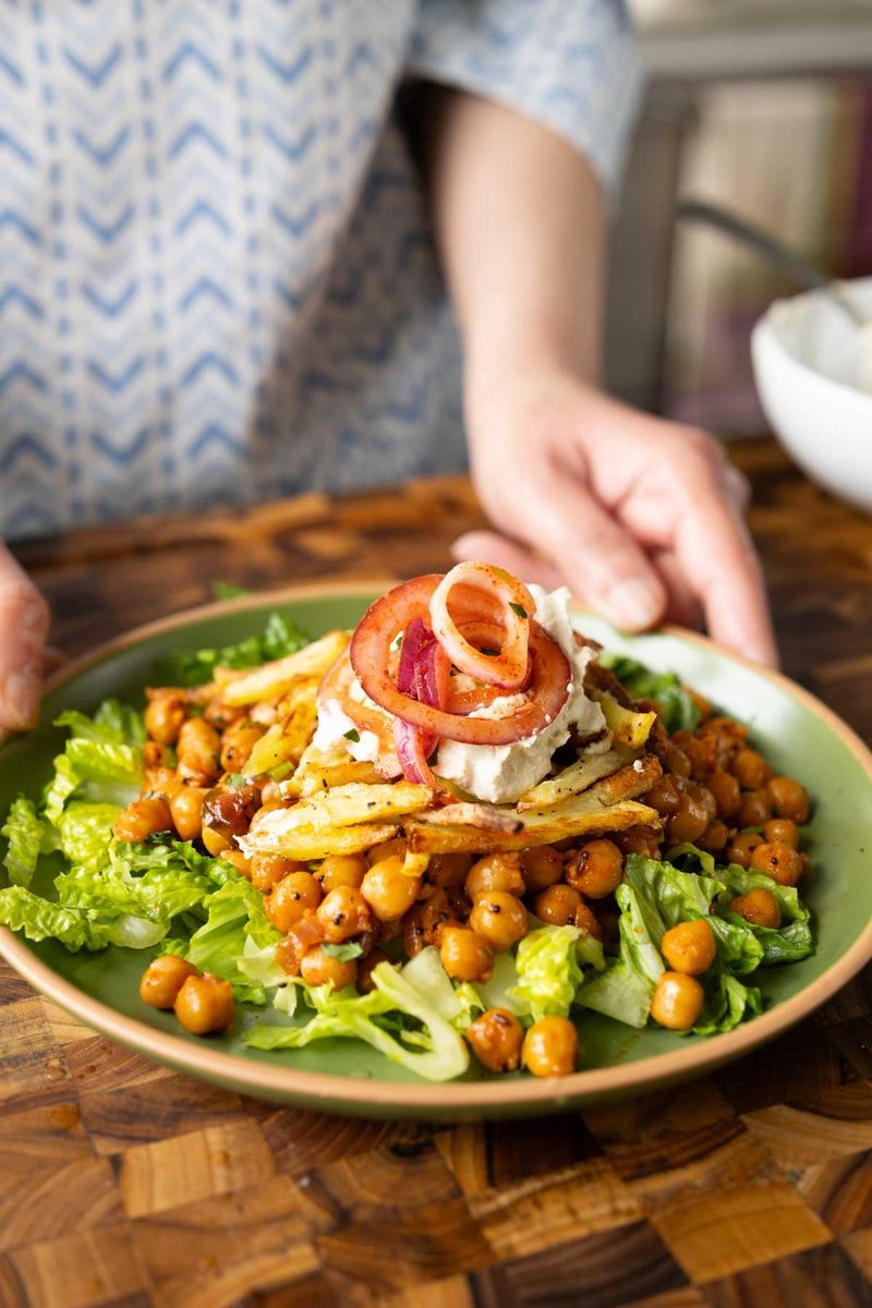 Chili Garlic Vinegar Chickpeas with Crispy Potato Strips