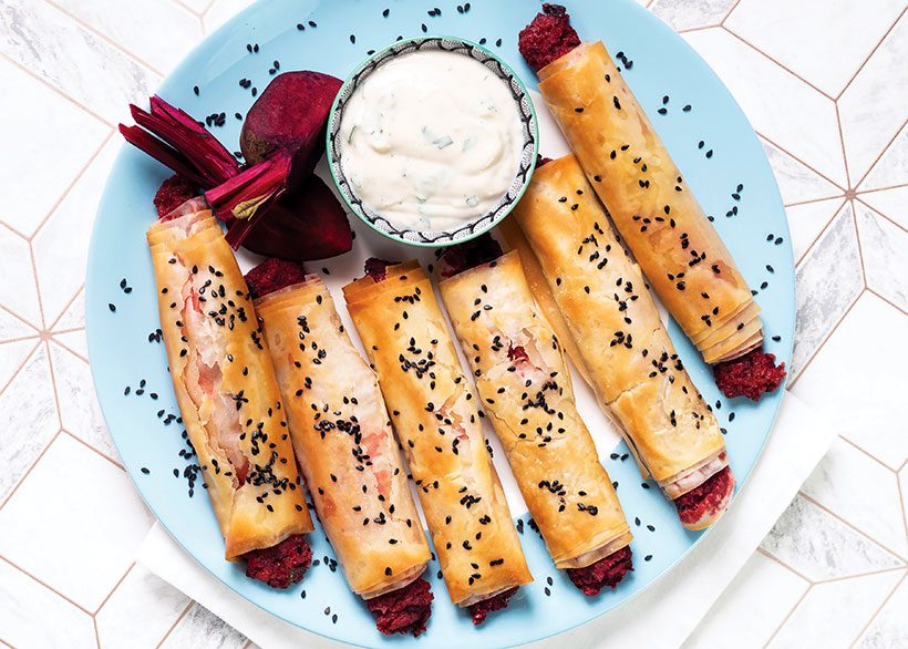 Vegan Beetroot, Chickpea and Parsley Filo Pastry Straws with Tahini Dip