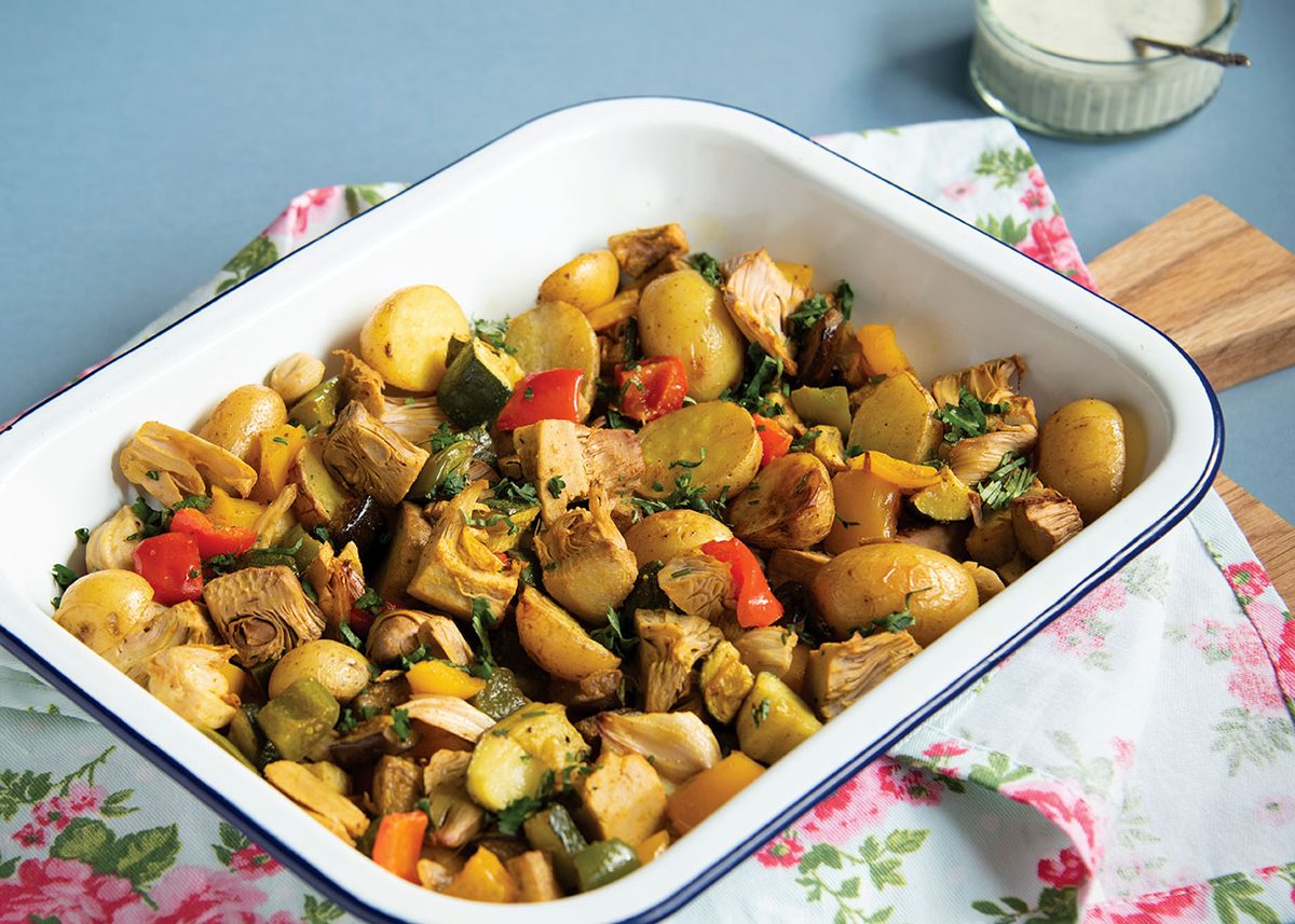 Vegan Curried Vegetable and Jackfruit Traybake