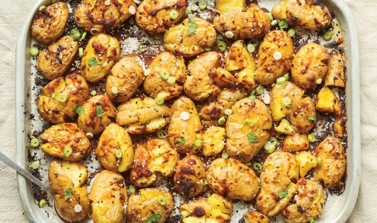 Garlicky Miso-Butter Sheet Pan Smashed Potatoes