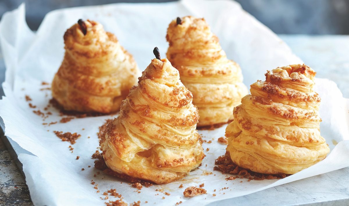 Puff Pastry-Wrapped Vanilla Poached Pears With Olive Oil Chocolate Sauce